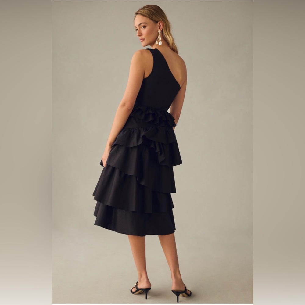 By Anthropologie One-Shoulder Tiered Midi Dress - side zip - size 4 - black - Picture 2 of 7